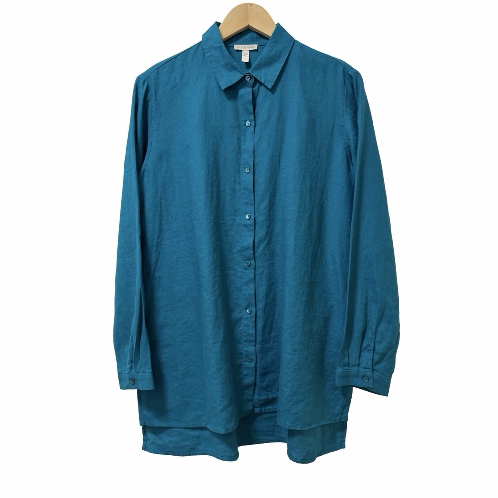 Eileen Fisher Organic Linen Button Up‎ Tunic Top Size S Teal Blue Coastal Resort